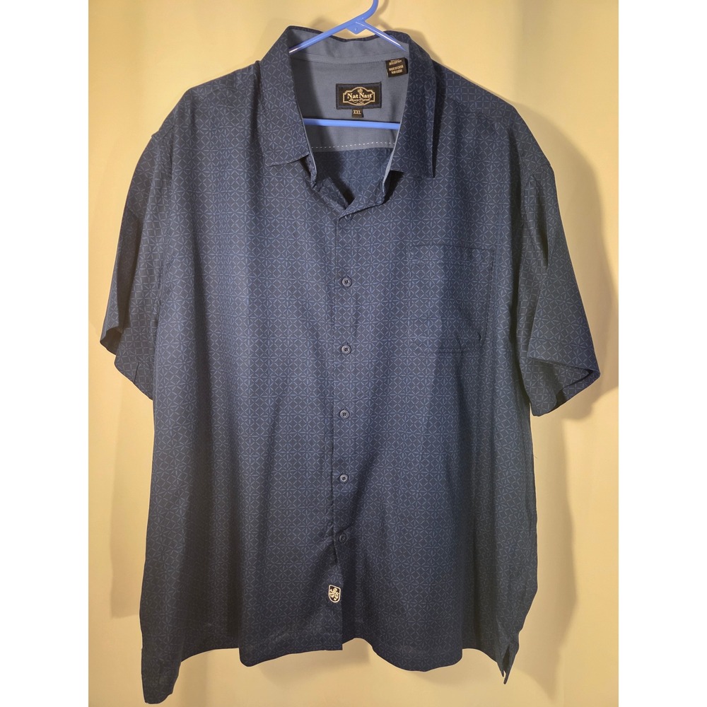 Nat Nast Shirt Mens XXL Blue Excellent Silk Cotton Geometric Short Sleeve Button